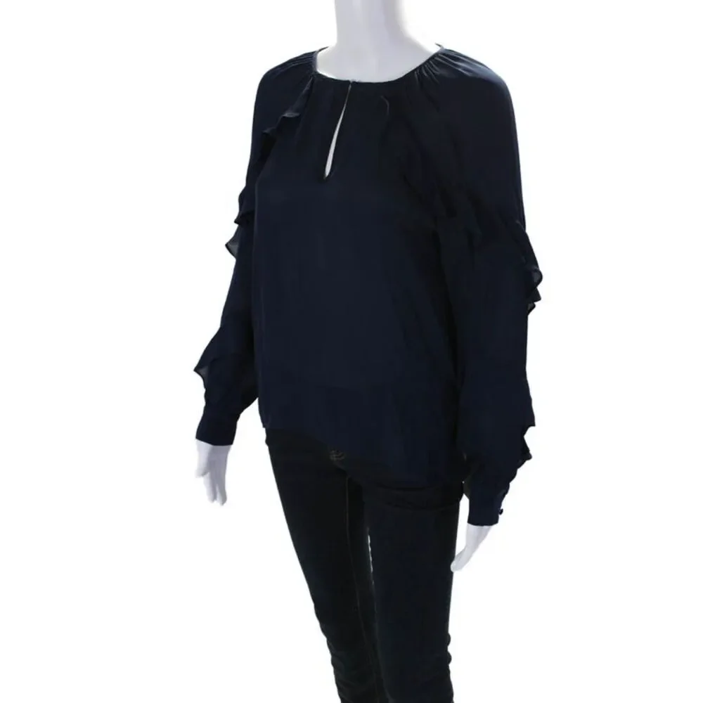 Parker Womens Silk Key Hole Neck Long Sleeves Blouse Navy Blue Size Extra Small - Picture 2 of 6